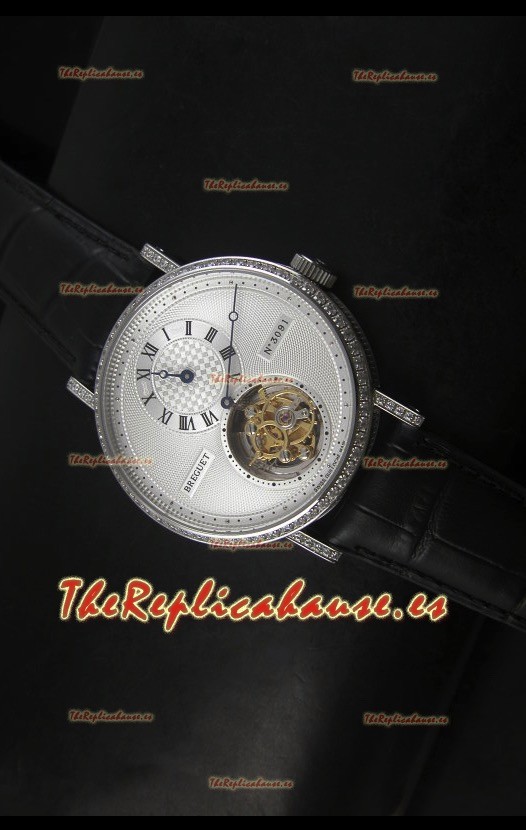 Breguet Classique Reloj Réplica Suizo Tourbillon en Acero Inoxidable con Bisel de Diamantes