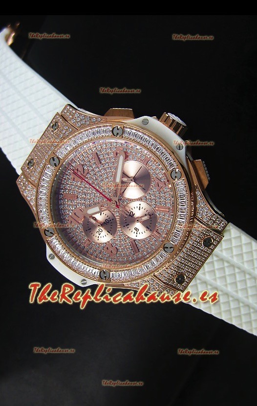 Hublot Big Bang Reloj en Oro Rosado Movimiento de Cuarzo en Correa Blanca