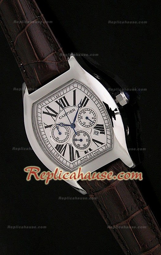 Cartier Tortue Reloj Crónografo Japonés de Cuarzo con Esfera Blanca