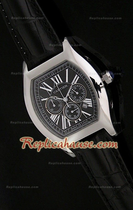 Cartier Tortue Reloj Crónografo Japonés de Cuarzocon Esfera de color Negro