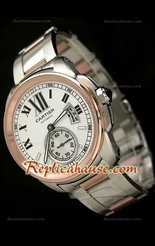 Calibre De Cartier Reloj Japonés Automático de Dos Tonos y con Esfera Blanca