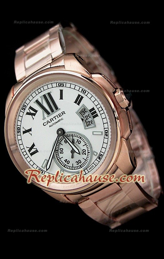Calibre De Cartier Reloj Automático Japonés de Oro Rosa y con Esfera Blanca