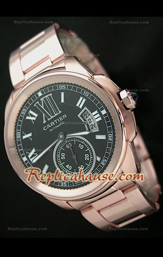 Calibre De Cartier Reloj Automático Japonés de Oro Rosa con Esfera de color Negro