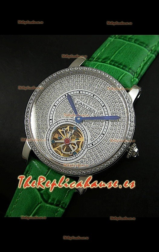 Reloj Turbillón Cartier Calibre con esfera de diamante y malla verde
