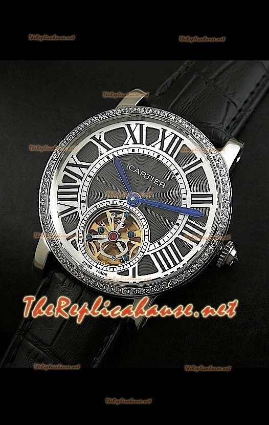 Reloj Turbillón Cartier Calibre con esfera de diamante y malla roja