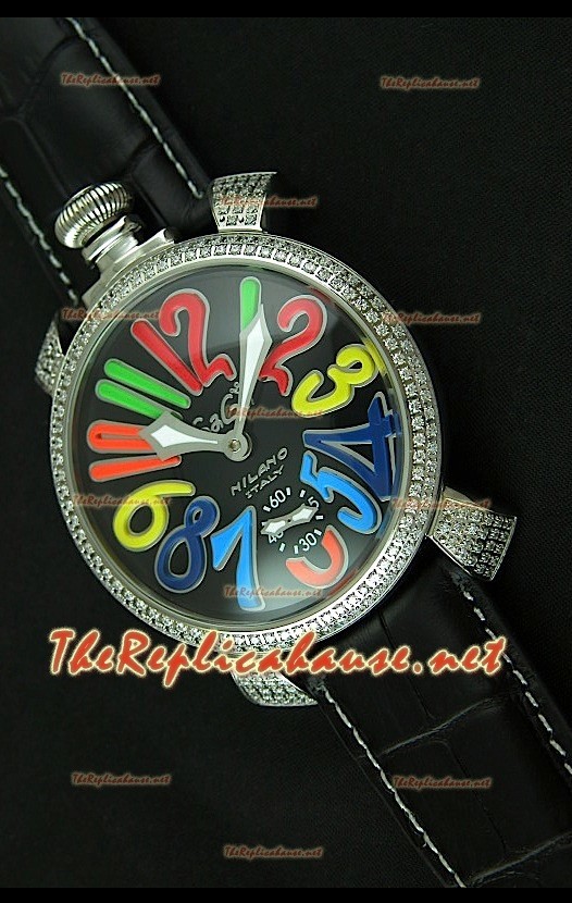 Reloj japonés GaGa Milano Manuale con esfera negra y marcadores de hora de colores