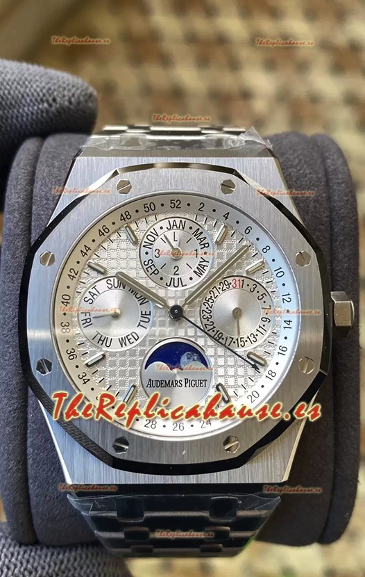 Audemars Piguet Royal Oak Calendario Perpetuo Réplica Suizo Acero 904L Dial en Acero Blanco