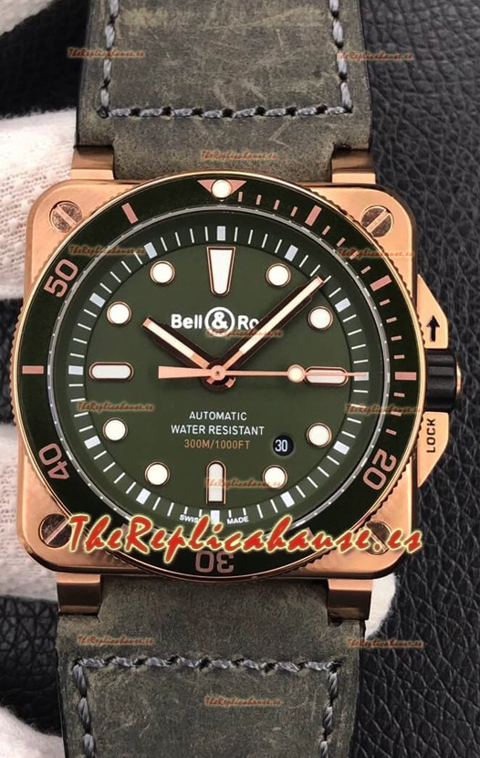 Bell & Ross BR03-92 Buzo Oro Rosado Dial Verde Reloj Réplica Suizo a espejo 1:1