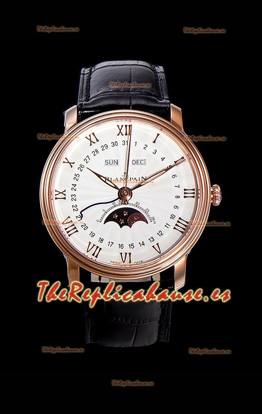 Blancpain "Villeret Quantième Complet" Caja de Acero 904L chapada en Oro Rosado Dial Blanco