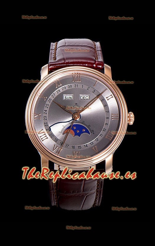 Blancpain "Villeret Quantième Complet" Reloj en Acero 904L Oro Rosado Dial Gris