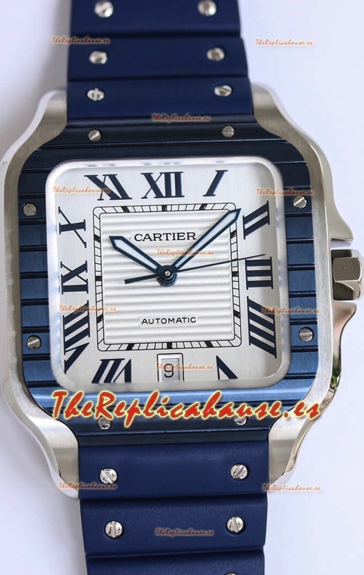 Santos De Cartier Réplica Suiza a 1:1 Bisel DLC Azul Reloj 40MM - Correa de Goma
