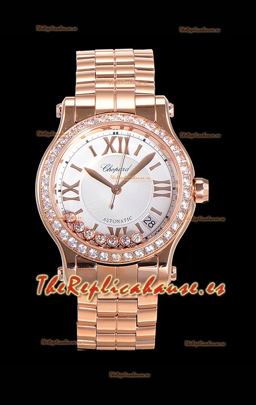 Chopard Happy Sport Reloj Réplica Suizo a espejo 1:1 36MM Caja en Oro Rosado Dial Blanco
