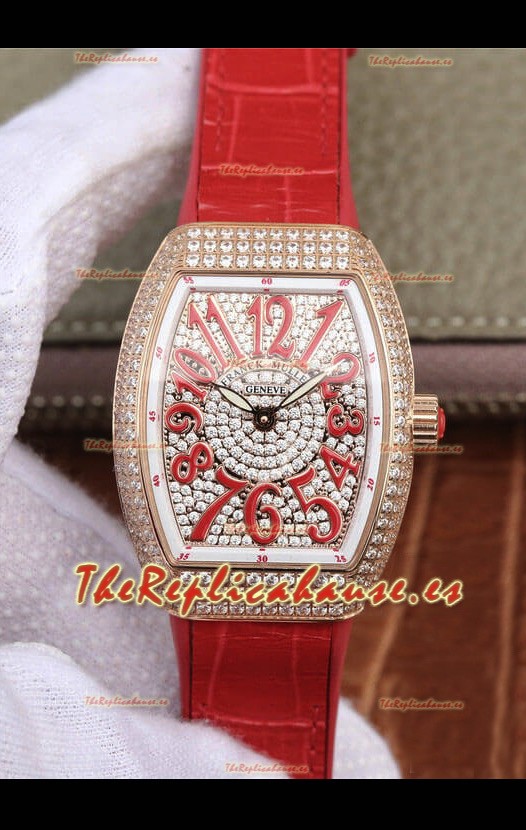 Franck Muller Vanguard Ladies Reloj Réplica Suizo a espejo 1:1 32MM Ancho Caja en Oro Rosado