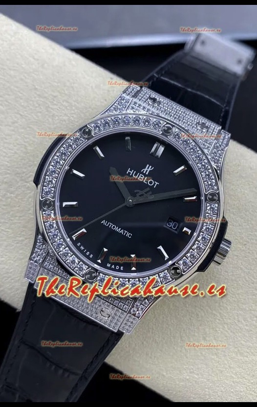 Hublot Classic Fusion Acero Inoxidable Dial Negro Diamantes Reloj Réplica Suizo Calidad Espejo 1:1