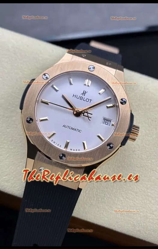 Hublot Classic Fusion Reloj Réplica Suizo a Espejo 1:1 en Oro Rosado Caja Acero 904L Dial Blanco 38MM