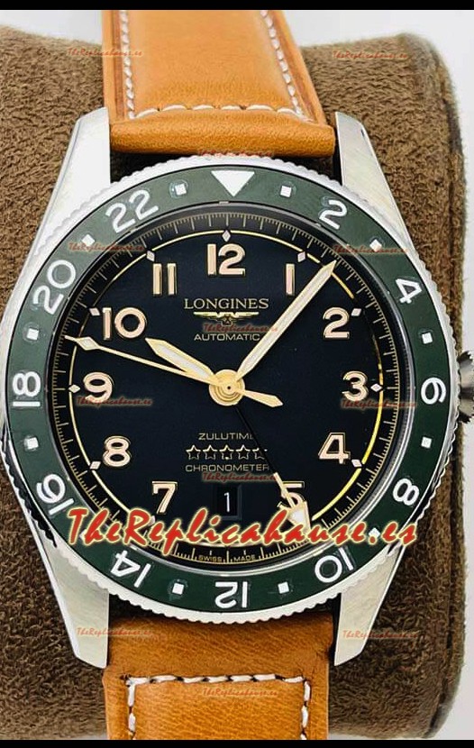 Longines Spirit ZULU Time Reloj Réplica a Espejo 1:1 Caja en Acero 904L - Movimiento Suizo Automático L844.4 Brown Strap