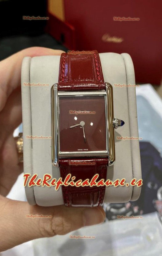 Must De Cartier Edición Tank Reloj Caja Acero Inoxidable 904L Dial Granate