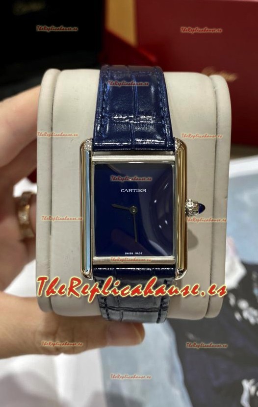 Must De Cartier Edición Tank Reloj Caja Acero Inoxidable 904L Dial Azul Oscuro