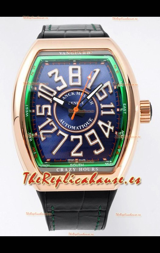 Franck Muller Vanguard Crazy Hours Caja chapada en Oro Rosado Dial Azul Reloj Réplica Suizo