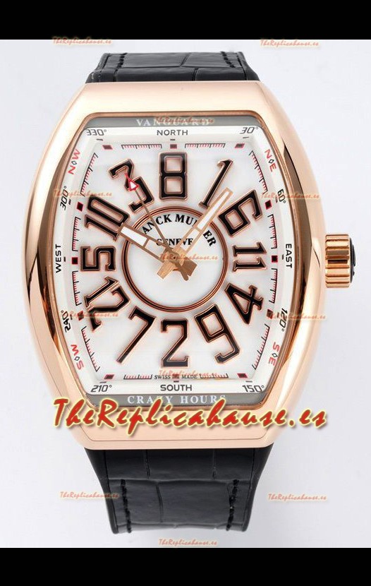 Franck Muller Vanguard Crazy Hours Caja chapada en Oro Rosado - Dial Blanco Reloj Réplica Suizo