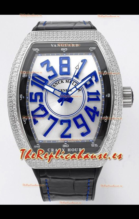 Franck Muller Vanguard Crazy Hours Caja Acero Inoxidable Diamantes - Dial Blanco Reloj Réplica Suizo