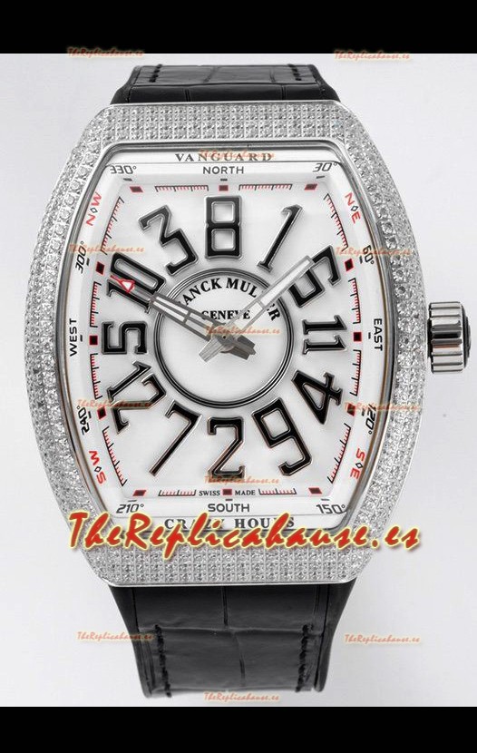 Franck Muller Vanguard Crazy Hours Caja Acero Inoxidable Diamantes - Dial Blanco Reloj Réplica Suizo