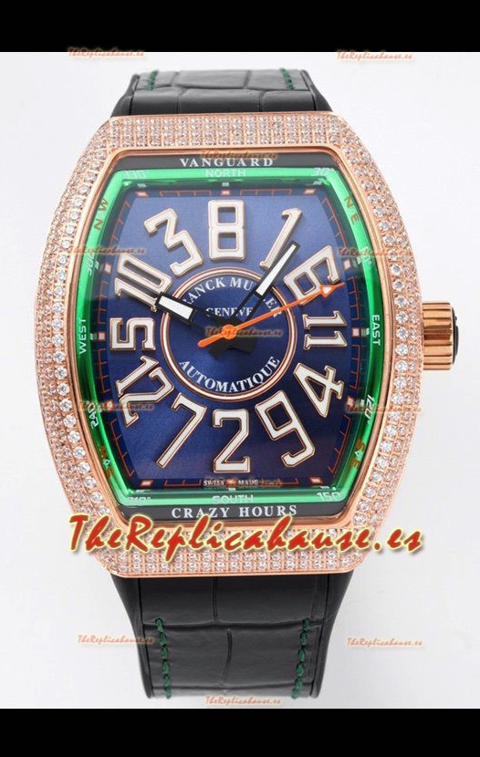 Franck Muller Vanguard Crazy Hours Caja Oro Rosado Diamantes - Dial Azul Acero Reloj Réplica Suizo