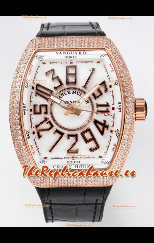 Franck Muller Vanguard Crazy Hours Oro Rosado Diamantes - Dial Blanco Reloj Réplica Suizo