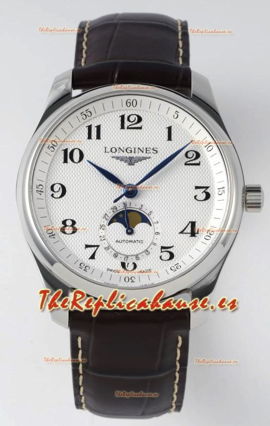 Longines Master Collection Automático Fase Lunar Dial Blanco Reloj Réplica Suizo Correa de Piel