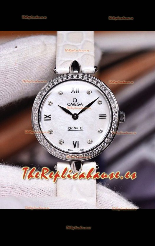 Omega De Ville Edición Prestige Dewdrop Reloj Cuarzo Suizo Dial y Correa Blancos