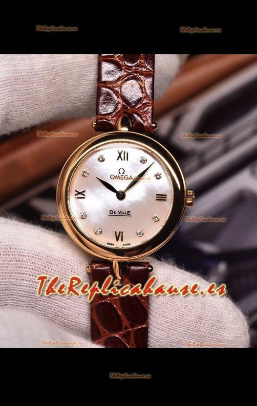 Omega De Ville Edición Prestige Dewdrop Reloj Cuarzo Suizo en Oro Rosado Correa Marrón