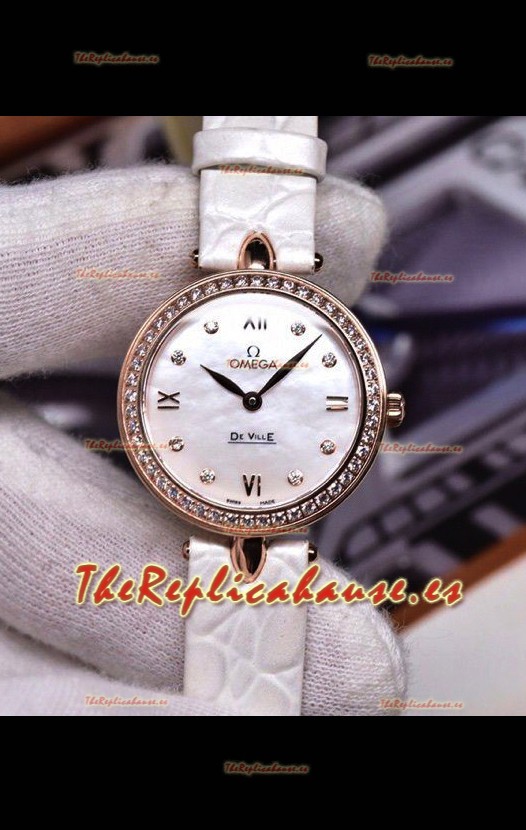 Omega De Ville Edición Prestige Dewdrop Reloj Cuarzo Suizo en Oro Rosado Correa Blanca