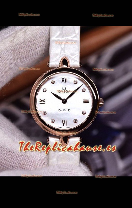 Omega De Ville Edición Prestige Dewdrop Reloj Cuarzo Suizo en Oro Rosado Correa Blanca