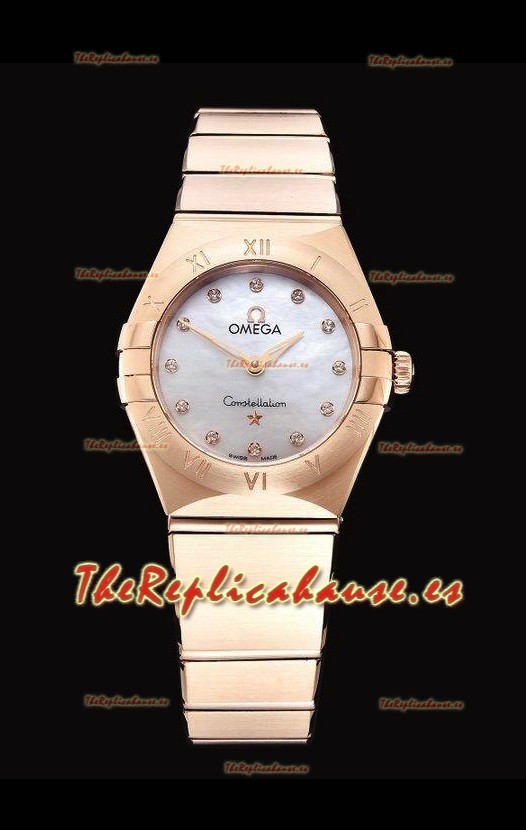 Omega Constellation Ladies Cuarzo Suizo Reloj Réplica a Espejo 1:1 - Caja Oro Rosado Dial Blanco Perla