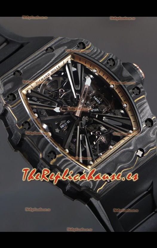 Richard Mille RM12-01 Caja Fibra de Carbono Genuino Movimiento Tourbillon Reloj Réplica a Espejo 1:1