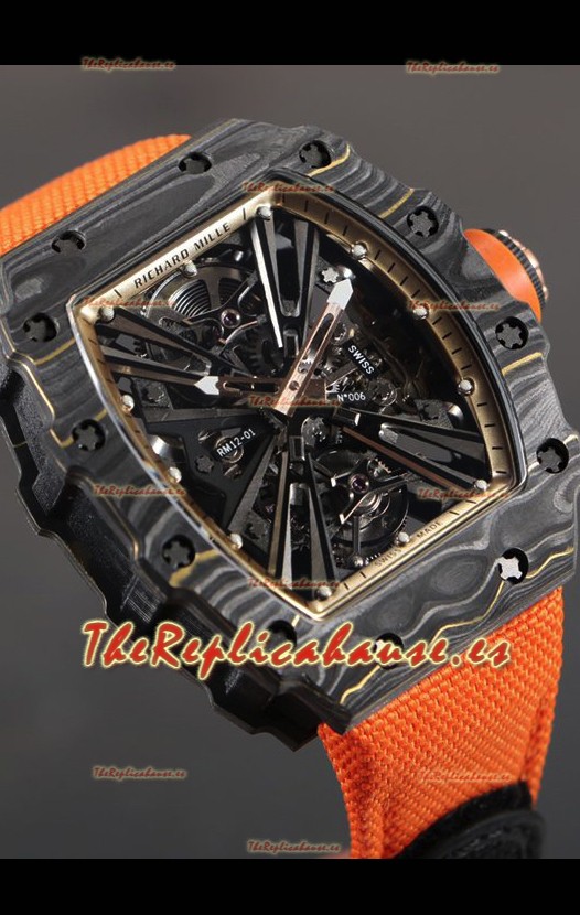 Richard Mille RM12-01 Caja Fibra de Carbono Genuino Movimiento Tourbillon Reloj Réplica a Espejo 1:1