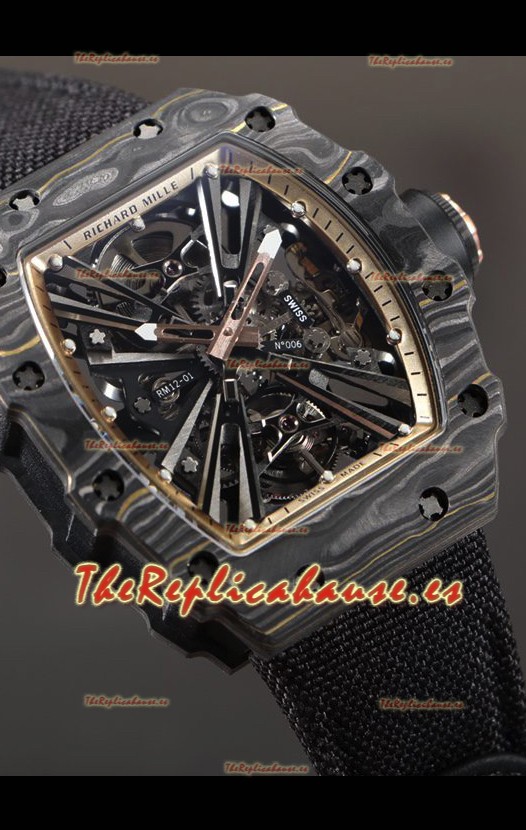 Richard Mille RM12-01 Caja Fibra de Carbono Genuino Movimiento Tourbillon Reloj Réplica a Espejo 1:1