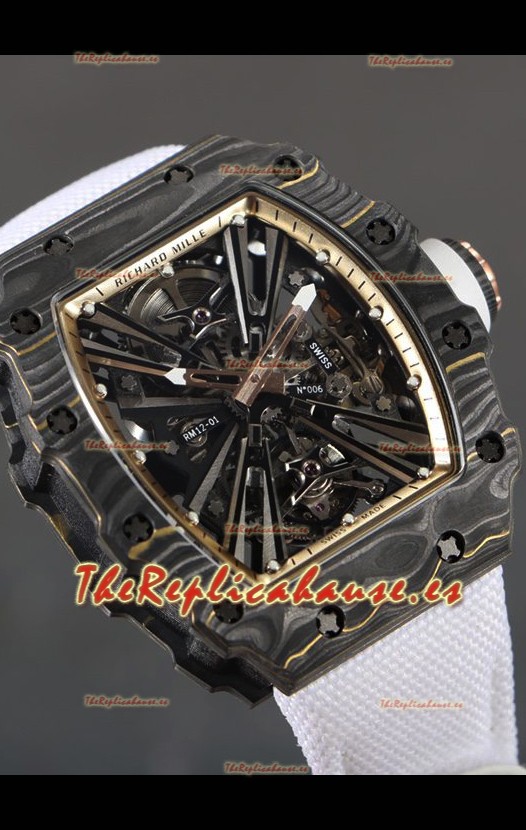 Richard Mille RM12-01 Caja Fibra de Carbono Genuino Movimiento Tourbillon Reloj Réplica a Espejo 1:1
