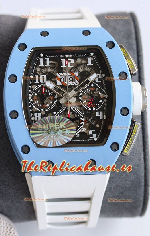 Richard Mille RM011 Caja de Cerámica Azul Correa de Goma Blanca Reloj Réplica Suizo a Espejo 1:1