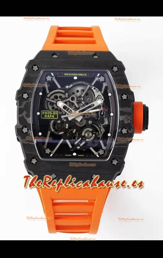 Richard Mille RM35-01 Rafael Nadal Caja Fibra de Carbono con Genuino Tourbillon Reloj Super Clon
