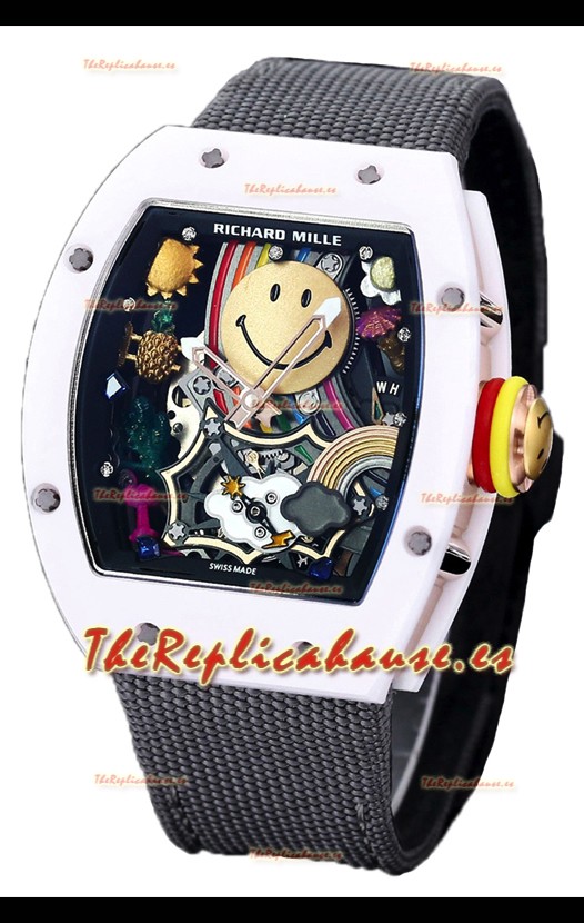 Richard Mille RM088 Reloj Réplica Tourbillon Smiley Caja Cerámica Blanca Correa Nylon