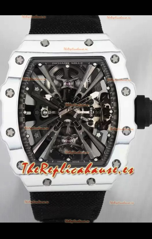 Richard Mille RM12-01 Caja Fibra de Carbono Blanca Genuino Movimiento Tourbillon Reloj Réplica Espejo 1:1