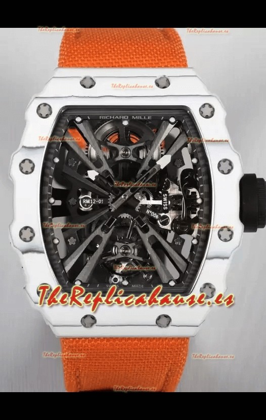 Richard Mille RM12-01 Caja Fibra de Carbono Blanca Genuino Movimiento Tourbillon Reloj Réplica Espejo 1:1