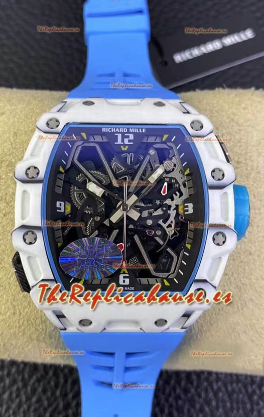 Richard Mille RM35-03 Edición Rafael Nadal Caja de Fibra de Carobono Blanca Reloj Réplica a Espejo 1:1 en Correa Azul