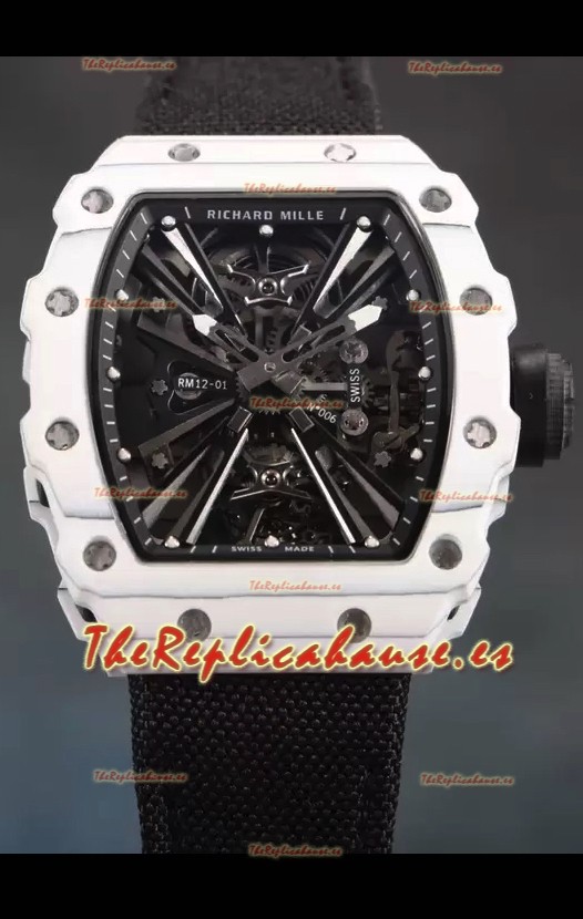 Richard Mille RM12-01 Caja de Fibra de Carbono Blanco Genuino Movimiento Tourbillon Relok Réplica a Espejo 1:1