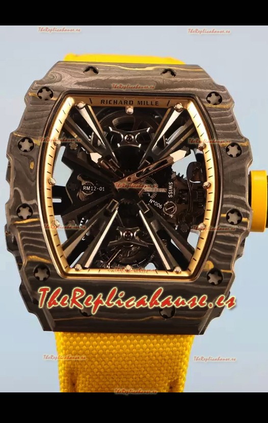 Richard Mille RM12-01 Caja de Fibra de Carbono Genuino Movimiento Tourbillon Reloj Réplica a Espejo 1:1