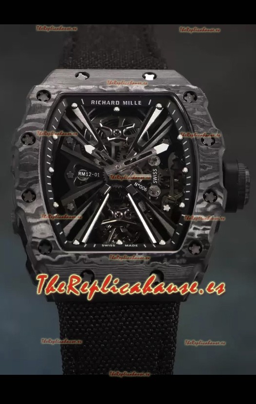 Richard Mille RM12-01 Caja de Fibra de Carbono Genuino Movimiento Tourbillon Reloj Réplica a Espejo 1:1