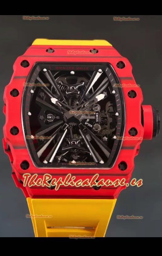 Richard Mille RM12-01 Caja de Fibra de Carbono Genuino Movimiento Tourbillon Reloj Réplica a Espejo 1:1
