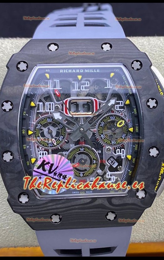 Richard Mille RM011 Felipe Massa Espejo 1:1 Reloj Caja de Carbono Forjado Negro Correa Gris