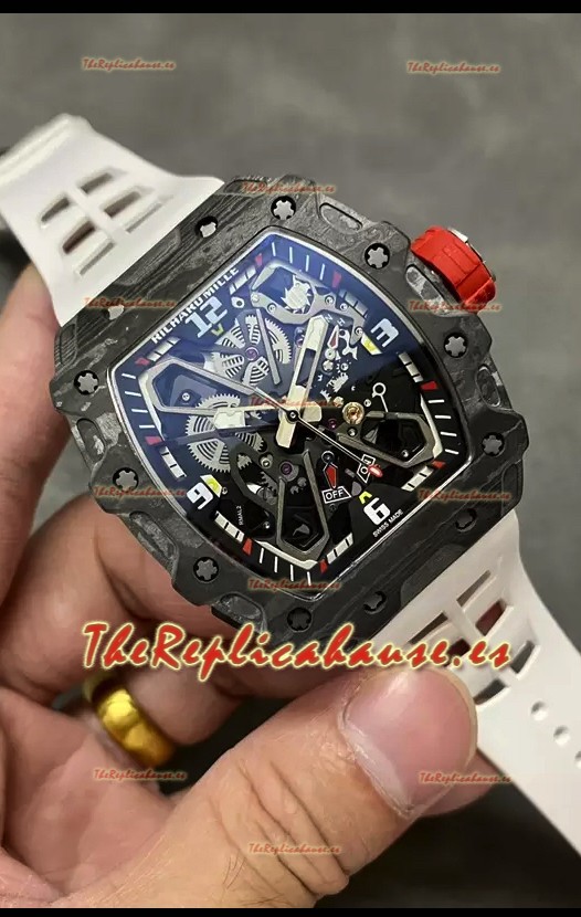 Richard Mille RM35-03 Edición Rafael Nadal Caja Fibra de Carbono Negra Reloj Réplica Espejo 1:1 Correa Blanca